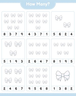 Maç sayısı, kaç kurdele. Eğitimsel çocuk oyunu, yazdırılabilir çalışma tablosu, vektör illüstrasyonu