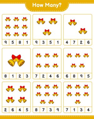 Oyun sayıyorum, kaç tane Noel Çanı var. Eğitimsel çocuk oyunu, yazdırılabilir çalışma tablosu, vektör illüstrasyonu