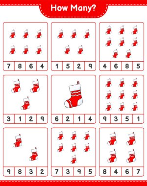 Maç sayıyorum, kaç tane Noel Çorabı. Eğitimsel çocuk oyunu, yazdırılabilir çalışma tablosu, vektör illüstrasyonu