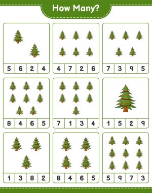 Oyun sayıyorum, kaç Noel Ağacı var. Eğitimsel çocuk oyunu, yazdırılabilir çalışma tablosu, vektör illüstrasyonu