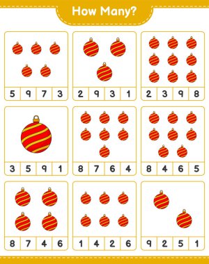 Maç sayıyorum, kaç tane Noel Balosu. Eğitimsel çocuk oyunu, yazdırılabilir çalışma tablosu, vektör illüstrasyonu