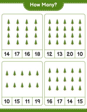 Oyun sayıyorum, kaç Noel Ağacı var. Eğitimsel çocuk oyunu, yazdırılabilir çalışma tablosu, vektör illüstrasyonu