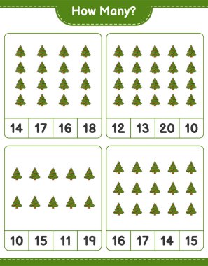 Oyun sayıyorum, kaç Noel Ağacı var. Eğitimsel çocuk oyunu, yazdırılabilir çalışma tablosu, vektör illüstrasyonu