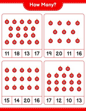 Maç sayıyorum, kaç tane Noel Balosu. Eğitimsel çocuk oyunu, yazdırılabilir çalışma tablosu, vektör illüstrasyonu