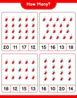 Maç sayıyorum, kaç tane Noel Çorabı. Eğitimsel çocuk oyunu, yazdırılabilir çalışma tablosu, vektör illüstrasyonu