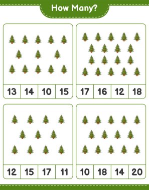 Oyun sayıyorum, kaç Noel Ağacı var. Eğitimsel çocuk oyunu, yazdırılabilir çalışma tablosu, vektör illüstrasyonu