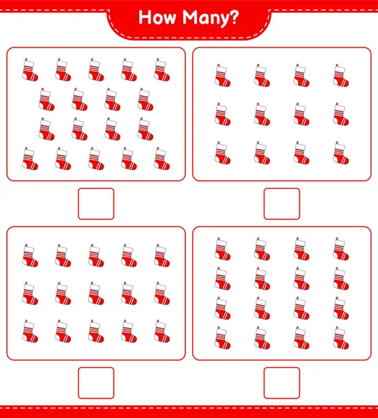 カウントゲーム 何クリスマスソック 教育用子供ゲーム 印刷可能なワークシート ベクトルイラスト — ストックベクタ