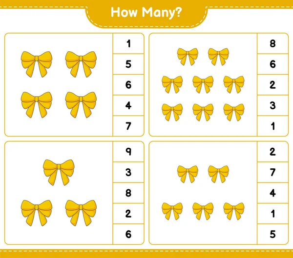 Maç sayısı, kaç kurdele. Eğitimsel çocuk oyunu, yazdırılabilir çalışma tablosu, vektör illüstrasyonu