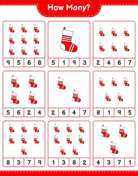 Maç sayıyorum, kaç tane Noel Çorabı. Eğitimsel çocuk oyunu, yazdırılabilir çalışma tablosu, vektör illüstrasyonu