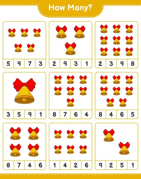 Oyun sayıyorum, kaç tane Noel Çanı var. Eğitimsel çocuk oyunu, yazdırılabilir çalışma tablosu, vektör illüstrasyonu