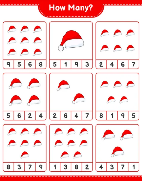 Oyun sayıyorum, kaç tane Noel Baba şapkası var? Eğitimsel çocuk oyunu, yazdırılabilir çalışma tablosu, vektör illüstrasyonu