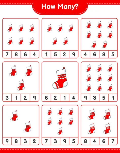 Maç sayıyorum, kaç tane Noel Çorabı. Eğitimsel çocuk oyunu, yazdırılabilir çalışma tablosu, vektör illüstrasyonu