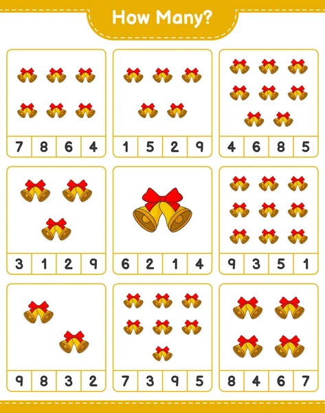 Oyun sayıyorum, kaç tane Noel Çanı var. Eğitimsel çocuk oyunu, yazdırılabilir çalışma tablosu, vektör illüstrasyonu