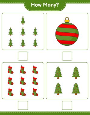 Oyun sayma, kaç tane Noel Ağacı, Noel Balosu ve Noel Çorabı. Eğitimsel çocuk oyunu, yazdırılabilir çalışma tablosu, vektör illüstrasyonu