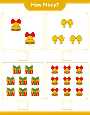 Sayma oyunu, kaç Noel Çanı, Kurdele ve Hediye Kutusu. Eğitimsel çocuk oyunu, yazdırılabilir çalışma tablosu, vektör illüstrasyonu