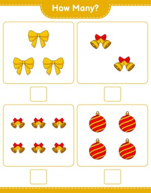 Maç sayma, kaç kurdele, Noel Balosu ve Noel Çanı. Eğitimsel çocuk oyunu, yazdırılabilir çalışma tablosu, vektör illüstrasyonu