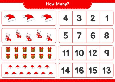 Sayma oyunu, kaç tane Noel Baba Şapkası, Hediye Kutusu ve Noel Çorabı. Eğitimsel çocuk oyunu, yazdırılabilir çalışma tablosu, vektör illüstrasyonu
