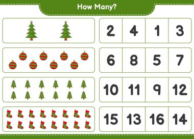 Oyun sayma, kaç tane Noel Ağacı, Noel Balosu ve Noel Çorabı. Eğitimsel çocuk oyunu, yazdırılabilir çalışma tablosu, vektör illüstrasyonu