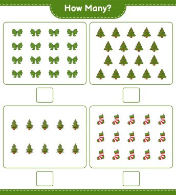Oyun sayma, kaç tane Noel Ağacı, kurdele ve Noel Çorabı. Eğitimsel çocuk oyunu, yazdırılabilir çalışma tablosu, vektör illüstrasyonu