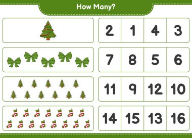 Oyun sayma, kaç tane Noel Ağacı, kurdele ve Noel Çorabı. Eğitimsel çocuk oyunu, yazdırılabilir çalışma tablosu, vektör illüstrasyonu