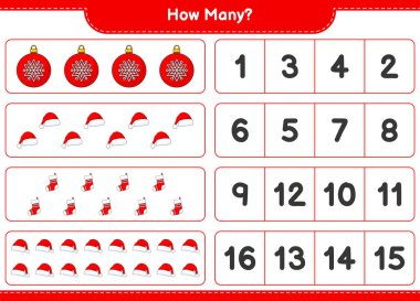 Sayma oyunu, kaç tane Noel Balosu, Noel Şapkası ve Noel Çorabı. Eğitimsel çocuk oyunu, yazdırılabilir çalışma tablosu, vektör illüstrasyonu