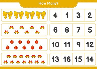 Maç sayma, kaç kurdele, Noel Balosu ve Noel Çanı. Eğitimsel çocuk oyunu, yazdırılabilir çalışma tablosu, vektör illüstrasyonu