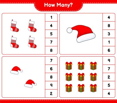 Sayma oyunu, kaç tane Noel Baba Şapkası, Hediye Kutusu ve Noel Çorabı. Eğitimsel çocuk oyunu, yazdırılabilir çalışma tablosu, vektör illüstrasyonu