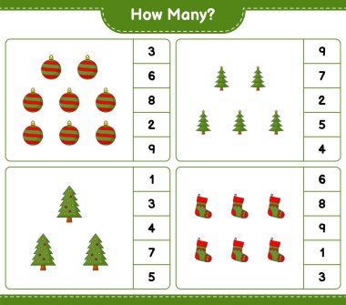 Oyun sayma, kaç tane Noel Ağacı, Noel Balosu ve Noel Çorabı. Eğitimsel çocuk oyunu, yazdırılabilir çalışma tablosu, vektör illüstrasyonu