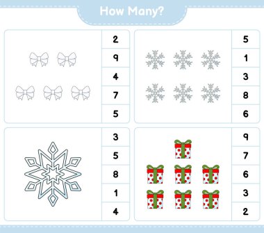 Sayma oyunu, kaç kurdele, kar tanesi ve hediye kutusu. Eğitimsel çocuk oyunu, yazdırılabilir çalışma tablosu, vektör illüstrasyonu