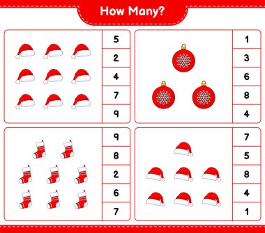 Sayma oyunu, kaç tane Noel Balosu, Noel Şapkası ve Noel Çorabı. Eğitimsel çocuk oyunu, yazdırılabilir çalışma tablosu, vektör illüstrasyonu