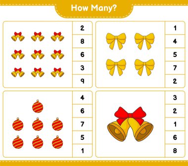 Maç sayma, kaç kurdele, Noel Balosu ve Noel Çanı. Eğitimsel çocuk oyunu, yazdırılabilir çalışma tablosu, vektör illüstrasyonu