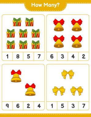 Sayma oyunu, kaç Noel Çanı, Kurdele ve Hediye Kutusu. Eğitimsel çocuk oyunu, yazdırılabilir çalışma tablosu, vektör illüstrasyonu