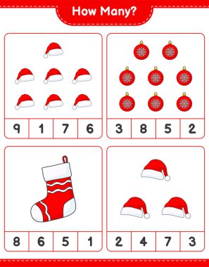 Sayma oyunu, kaç tane Noel Balosu, Noel Şapkası ve Noel Çorabı. Eğitimsel çocuk oyunu, yazdırılabilir çalışma tablosu, vektör illüstrasyonu