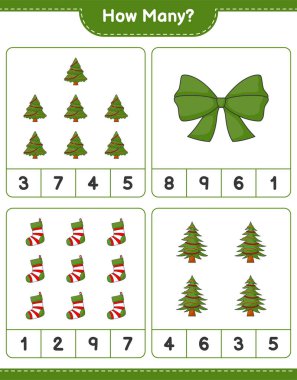 Oyun sayma, kaç tane Noel Ağacı, kurdele ve Noel Çorabı. Eğitimsel çocuk oyunu, yazdırılabilir çalışma tablosu, vektör illüstrasyonu
