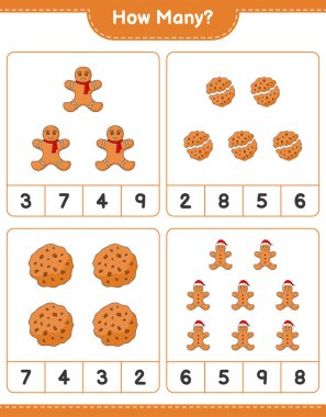 Oyun sayıyorum, kaç kurabiye ve zencefilli kurabiye adam. Eğitimsel çocuk oyunu, yazdırılabilir çalışma tablosu, vektör illüstrasyonu