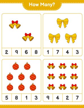 Maç sayma, kaç kurdele, Noel Balosu ve Noel Çanı. Eğitimsel çocuk oyunu, yazdırılabilir çalışma tablosu, vektör illüstrasyonu