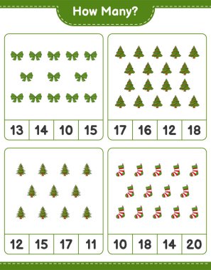 Oyun sayma, kaç tane Noel Ağacı, kurdele ve Noel Çorabı. Eğitimsel çocuk oyunu, yazdırılabilir çalışma tablosu, vektör illüstrasyonu