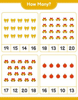 Maç sayma, kaç kurdele, Noel Balosu ve Noel Çanı. Eğitimsel çocuk oyunu, yazdırılabilir çalışma tablosu, vektör illüstrasyonu