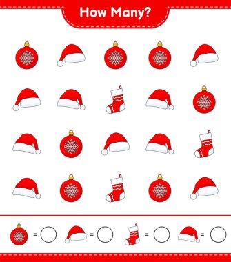 Sayma oyunu, kaç tane Noel Balosu, Noel Şapkası ve Noel Çorabı. Eğitimsel çocuk oyunu, yazdırılabilir çalışma tablosu, vektör illüstrasyonu