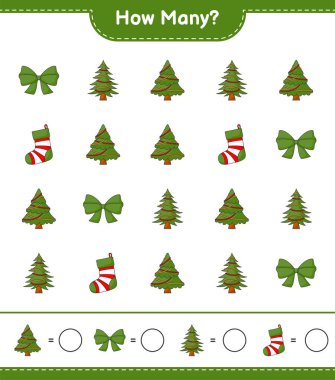 Oyun sayma, kaç tane Noel Ağacı, kurdele ve Noel Çorabı. Eğitimsel çocuk oyunu, yazdırılabilir çalışma tablosu, vektör illüstrasyonu