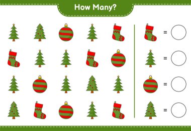 Oyun sayma, kaç tane Noel Ağacı, Noel Balosu ve Noel Çorabı. Eğitimsel çocuk oyunu, yazdırılabilir çalışma tablosu, vektör illüstrasyonu