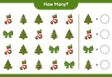 Oyun sayma, kaç tane Noel Ağacı, kurdele ve Noel Çorabı. Eğitimsel çocuk oyunu, yazdırılabilir çalışma tablosu, vektör illüstrasyonu