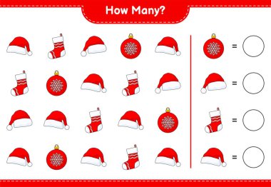 Sayma oyunu, kaç tane Noel Balosu, Noel Şapkası ve Noel Çorabı. Eğitimsel çocuk oyunu, yazdırılabilir çalışma tablosu, vektör illüstrasyonu