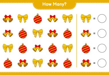 Maç sayma, kaç kurdele, Noel Balosu ve Noel Çanı. Eğitimsel çocuk oyunu, yazdırılabilir çalışma tablosu, vektör illüstrasyonu