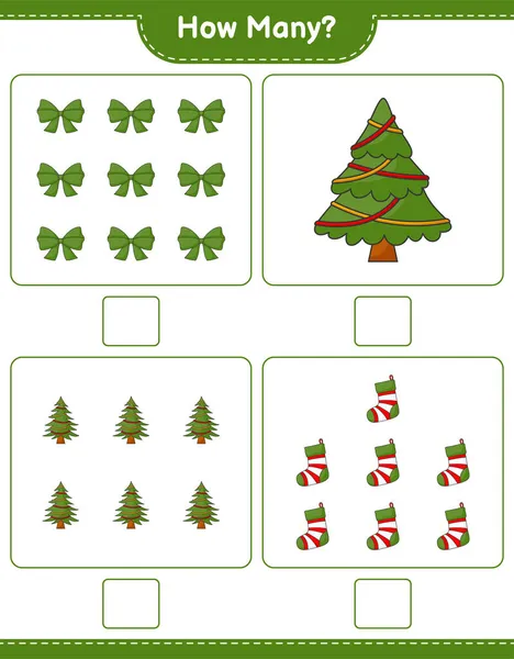 Counting Game How Many Christmas Tree Ribbon Christmas Sock Educational — Stock Vector