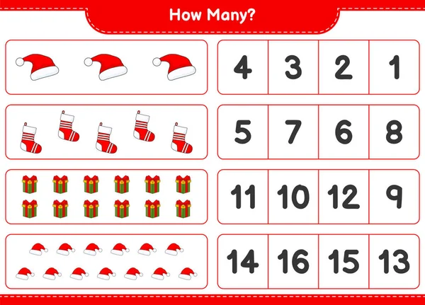 Sayma oyunu, kaç tane Noel Baba Şapkası, Hediye Kutusu ve Noel Çorabı. Eğitimsel çocuk oyunu, yazdırılabilir çalışma tablosu, vektör illüstrasyonu