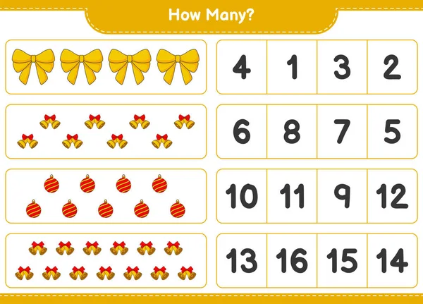 Maç sayma, kaç kurdele, Noel Balosu ve Noel Çanı. Eğitimsel çocuk oyunu, yazdırılabilir çalışma tablosu, vektör illüstrasyonu