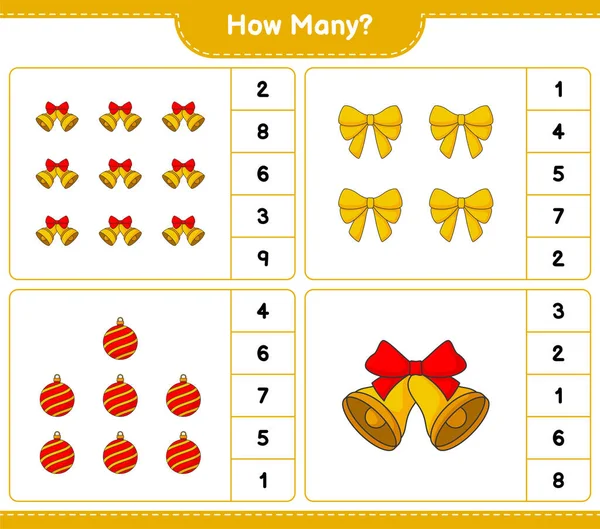 Maç sayma, kaç kurdele, Noel Balosu ve Noel Çanı. Eğitimsel çocuk oyunu, yazdırılabilir çalışma tablosu, vektör illüstrasyonu