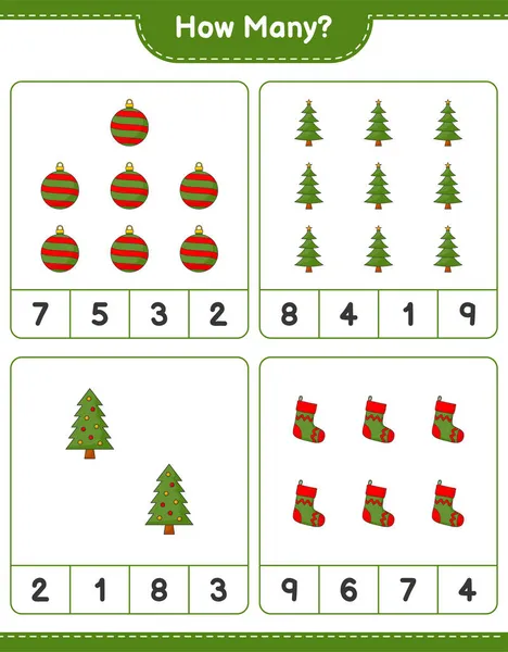 Counting Game How Many Christmas Tree Christmas Ball Christmas Sock — Stock Vector