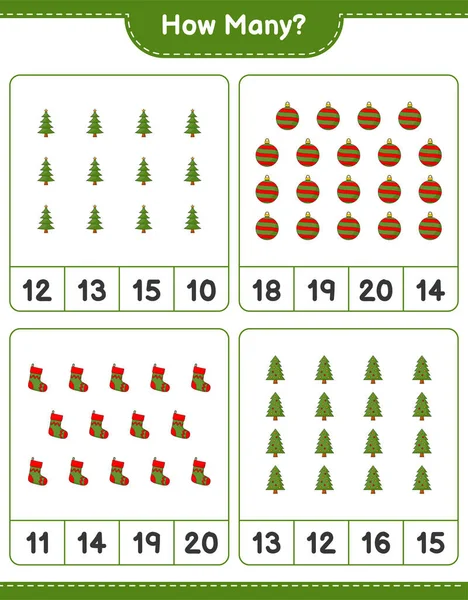 Counting Game How Many Christmas Tree Christmas Ball Christmas Sock — Stock Vector